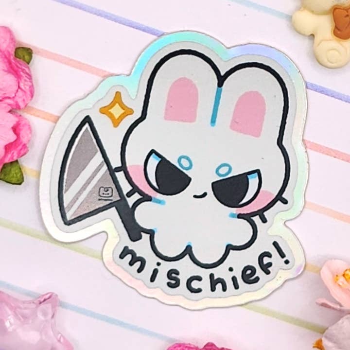 Mischief Bunny 2in Holographic Vinyl Sticker for wholesale by mirupiico