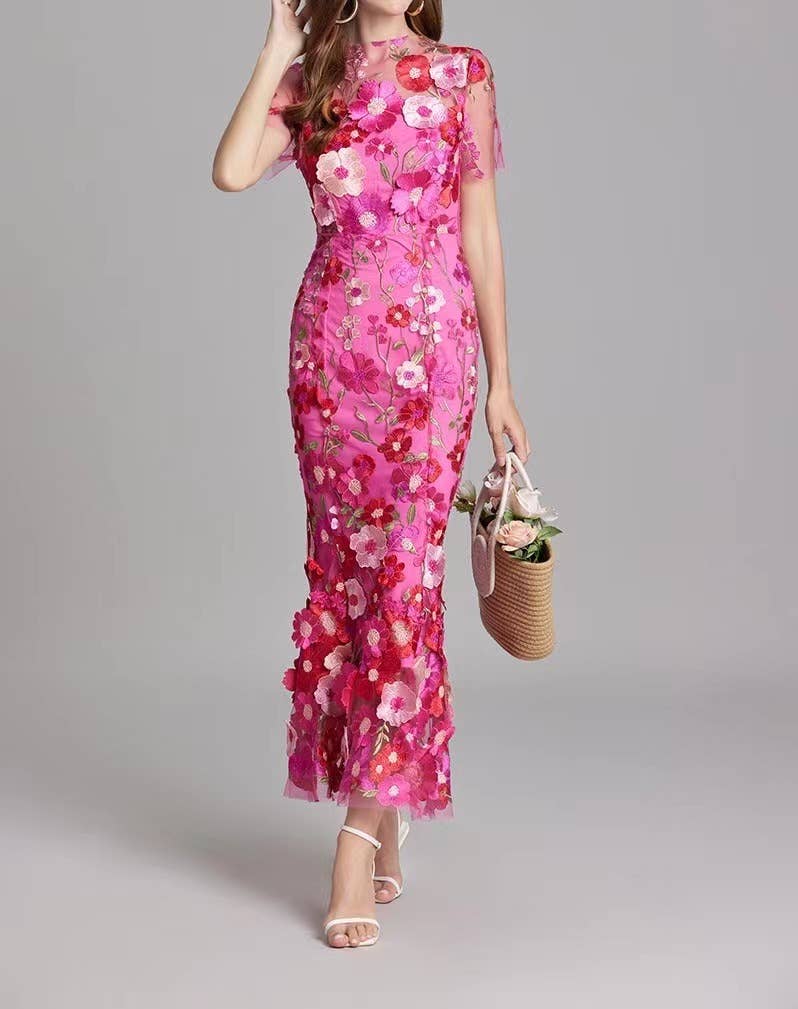 Productseeker - Wholesale Formele jurk - Dames - DR0270Y elegante avondjurk met bloemen in mesh en visstaart16