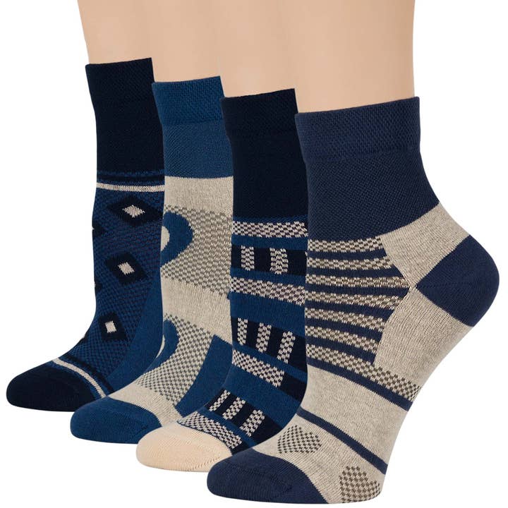Women's Cotton Diabetic Quarter Socks - 4 Pack - Blue, Ecru for wholesale by 7Bigstars Kingdom