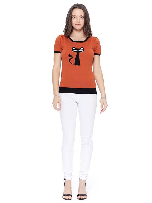 Mak - Wholesale Knit Sweater - Women's - Short Sleeve Crewneck Cat Print Casual T-Shirt Sweater1