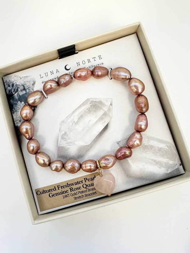 Sweetheart Charm Stretch Bracelet- Cultured Freshwater Pearl, Rose Quartz for wholesale by Luna Norte