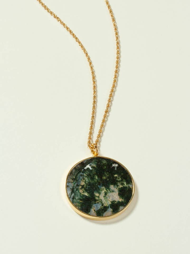 Terrarium Long Medallion Necklace- Moss Agate for wholesale by Luna Norte