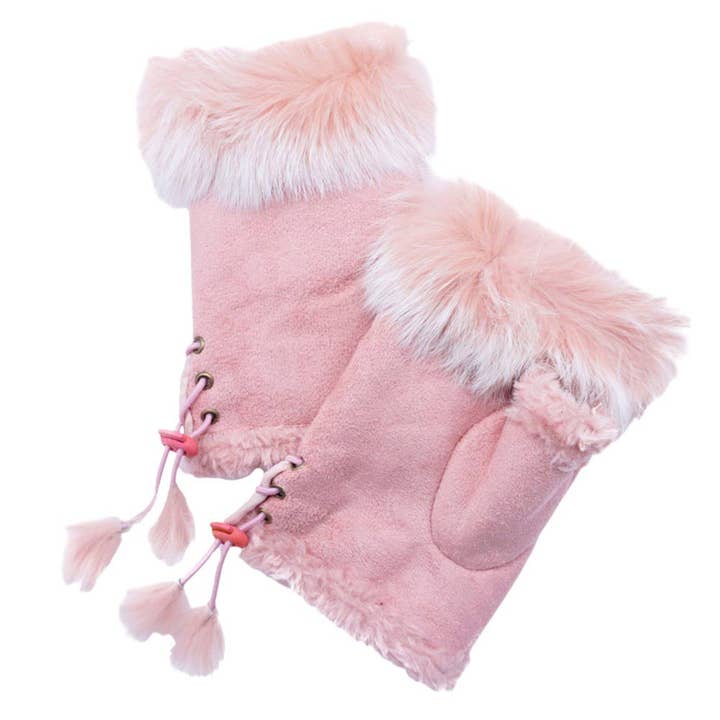 Madeline Love – wholesale Gloves – Women's – Fingerless Faux Fur Trim Faux Suede Gloves Drawstring8