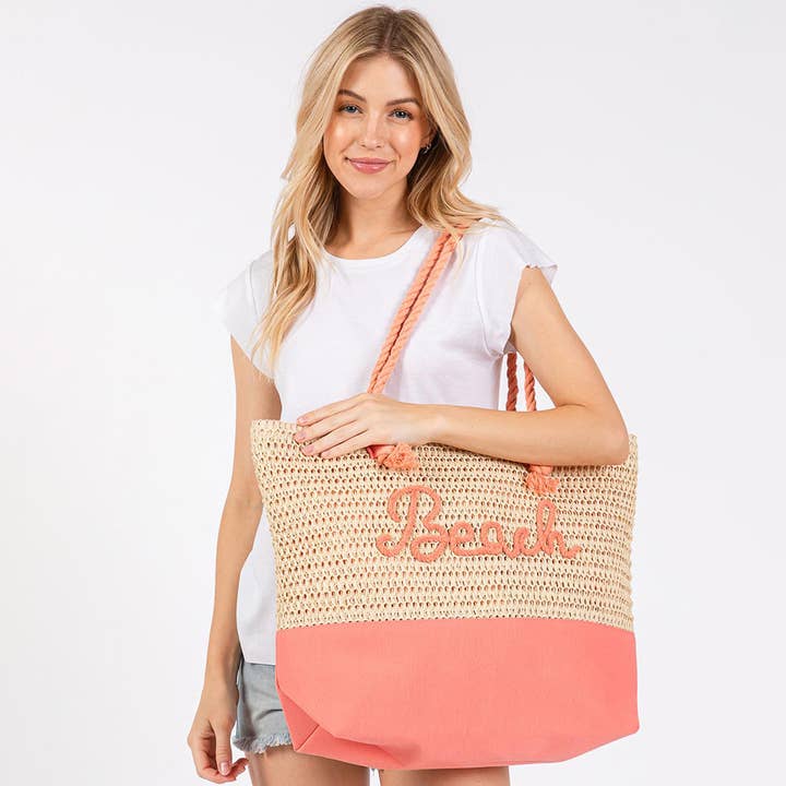 Sensibling Corp. - Wholesale Beach Bag - BEACH Message Embroidered Rope Handle Crochet Tote Bag