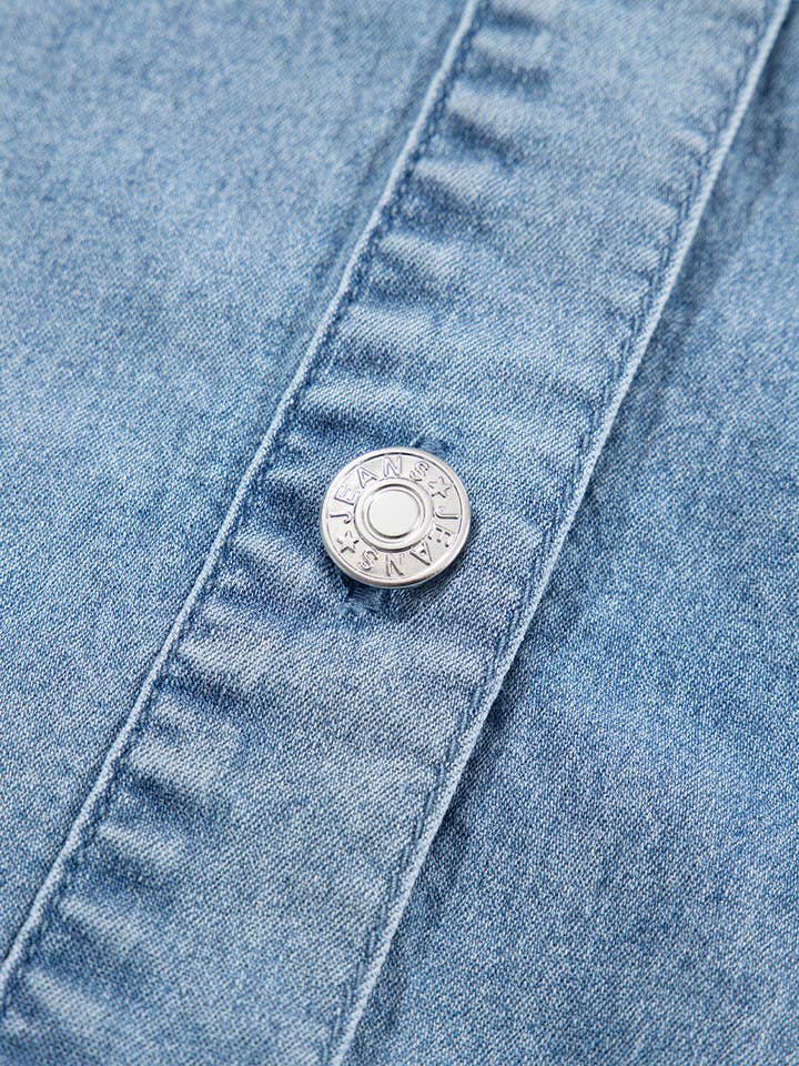 Lovesoft - Wholesale Dress - Women's - Light Blue Frilled Short Sleeve Button Up Loose Denim Shirt Dress8