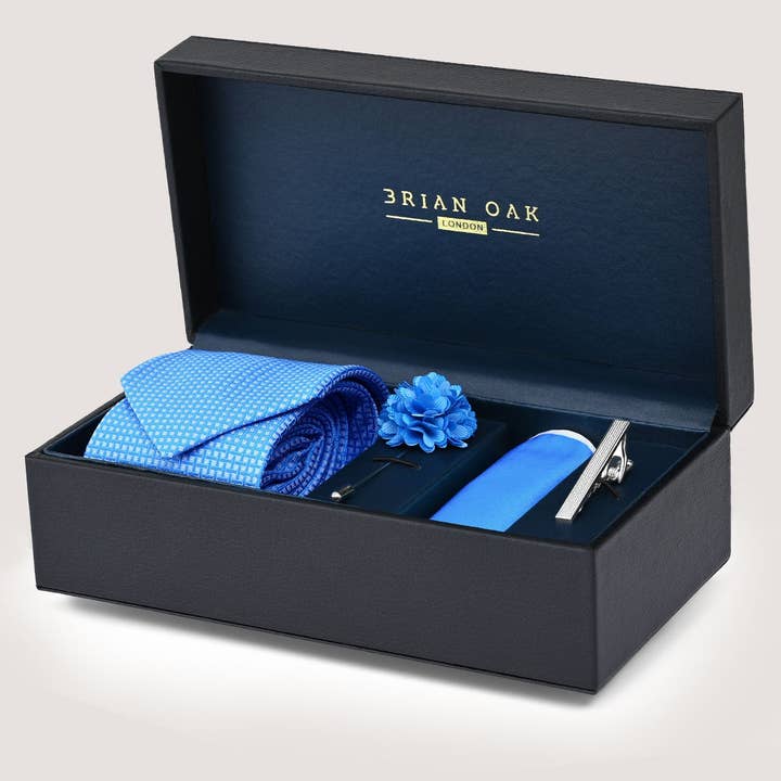 Brian Oak Limited – Großhandel Geschenktüten im Set/Paket – Hellblaues Krawattenset mit Karomuster