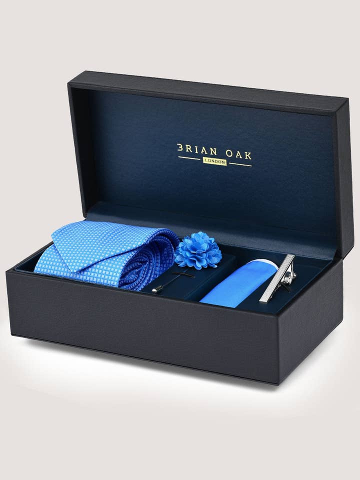 Sky Blue Checked Tie Set for wholesale by Brian Oak Limited
