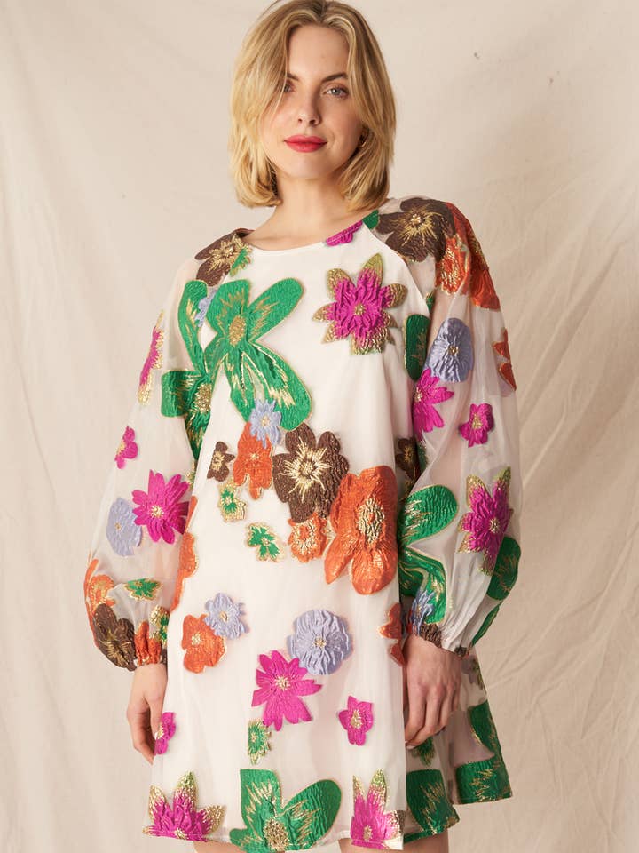 En Crème - Wholesale Dress - Women's - Bubble Sleeve Floral Organza Mini Dress1