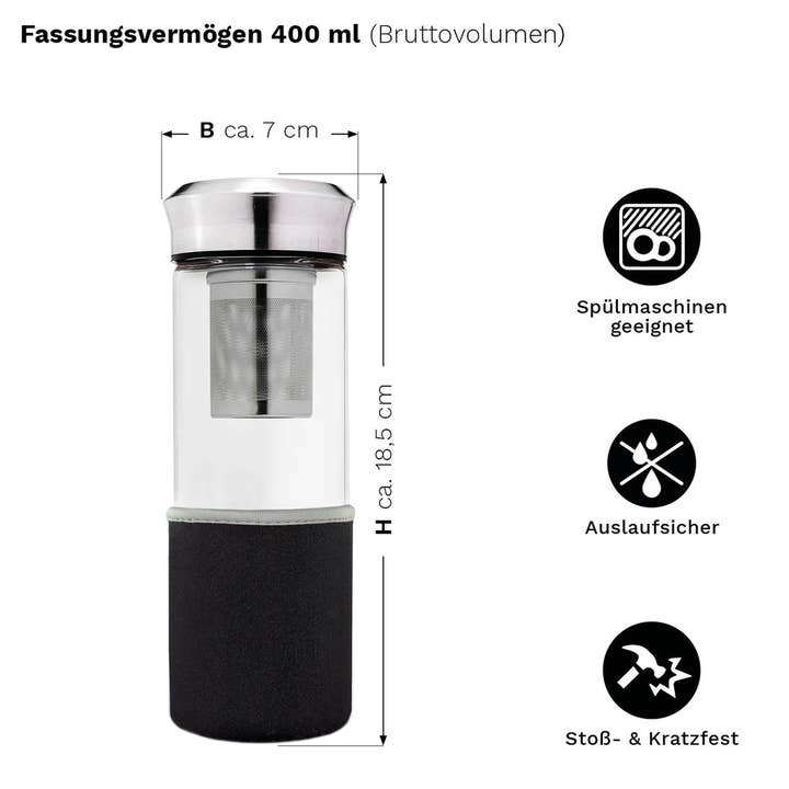 Creano - Wholesale Tea Strainer/Infuser - “Teamaker” tea maker 400ml incl. neoprene case; black