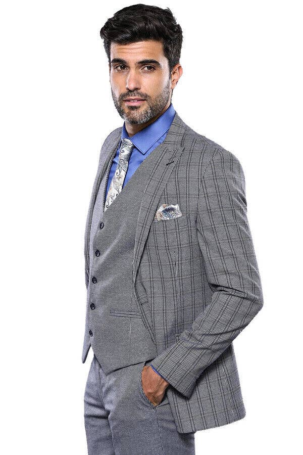 Blu Navy Abito aderente Slim-Fit in tartan blu scuro | Wessi in vendita all'ingrosso su Faire0