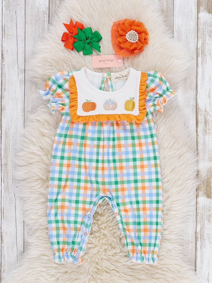 Pumpkin Playtime Embroidered Plaid Romper for wholesale by Marie Nicole Clothing
