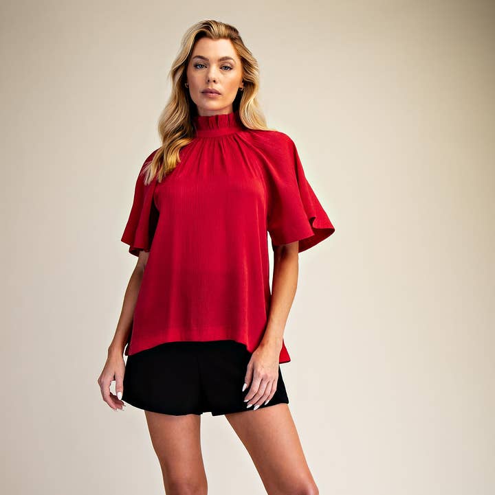 Glam - Wholesale Blouse - Women's - Ruffle Neck Raglan Sleeve Blouse3