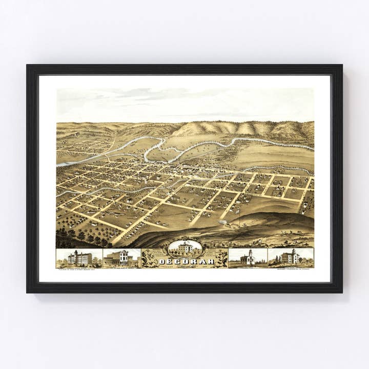 Vintage Map of Decorah, Iowa 1870 for wholesale by Ted's Vintage Art