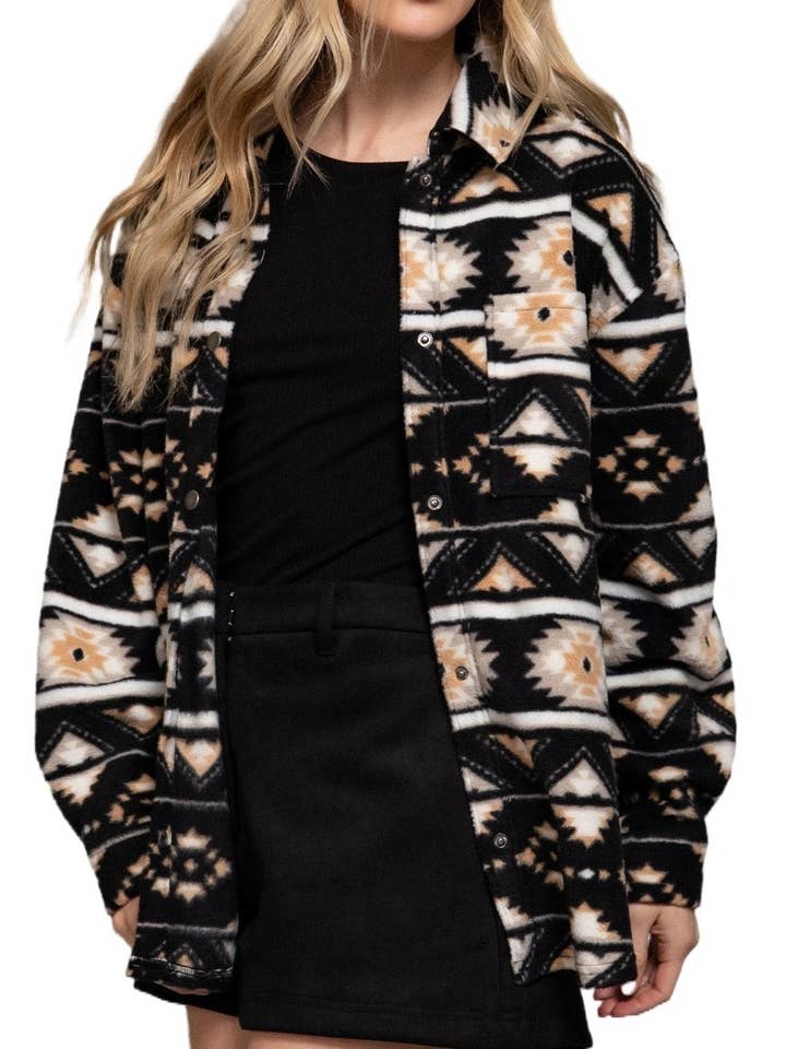 Jr Plus Long Slv Printed Fleece Shacket for wholesale by Vanilla Monkey