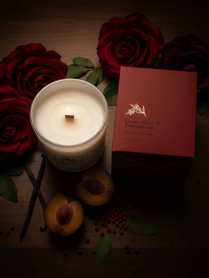 Candela con Coperchio Dorato alla Rosa Scura e Pepe & Scatola Boutique per la vendita all'ingrosso da parte di Woodsy Homelife