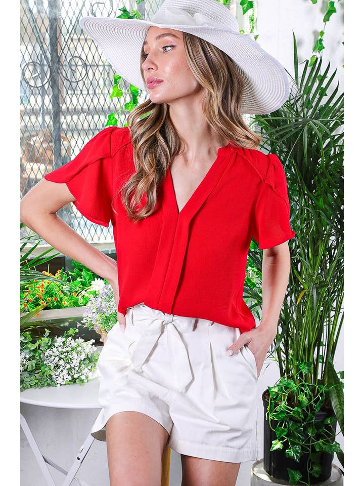 Vine & Love - Wholesale Blouse - Women's - Puff Petal Short-Sleeve Casual Work Blouse Top VT320001
