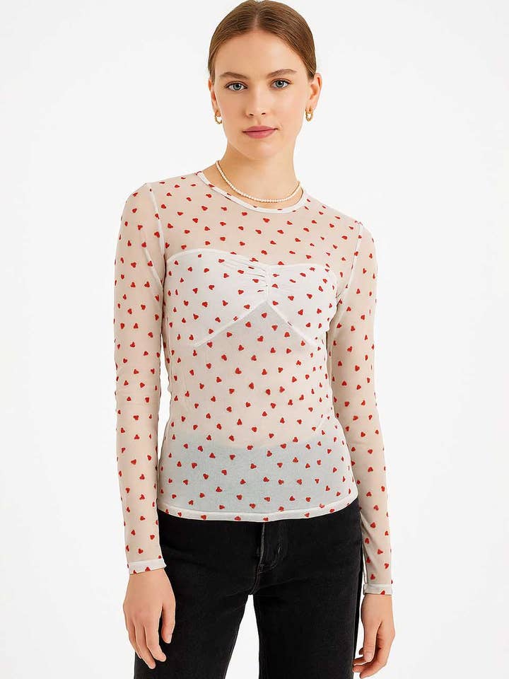 Women Heart See Through Long Sleeves Mesh Blouse for wholesale by Sweetkama
