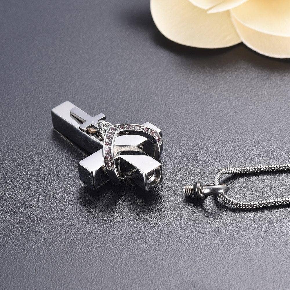 Cherished Emblems – wholesale Pendant/charm necklace – Silver Cross & Rhinestone Rosary Cremation Urn Necklace10