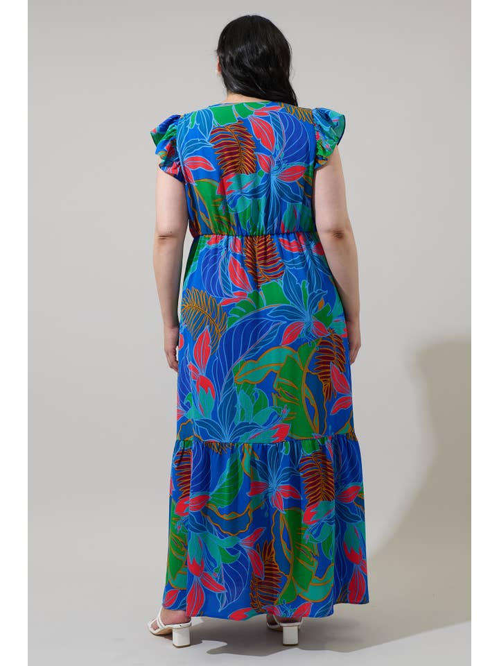 Cobalt Multi Malton Tropical Evianna Button Down Flutter Maxi Dress Curve for wholesale on Faire