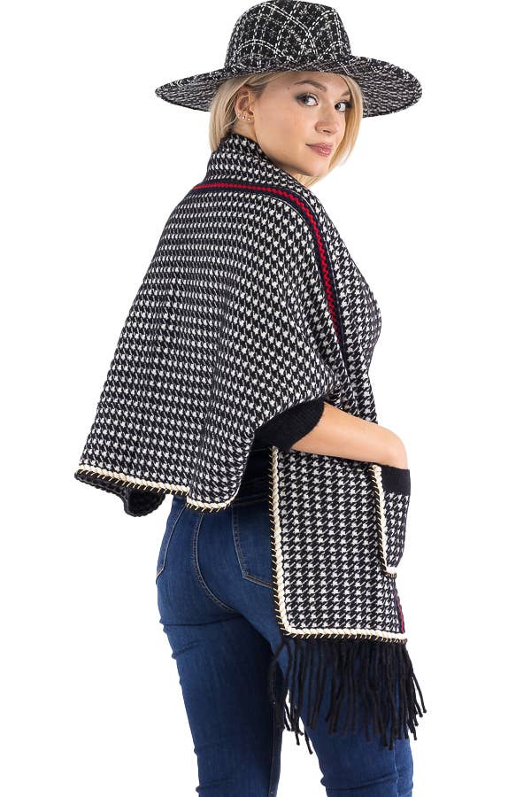Cap Zone - Wholesale Poncho - Women's - Narrow Tri-Stripe Houndstooth Cardigan Sweater Poncho2