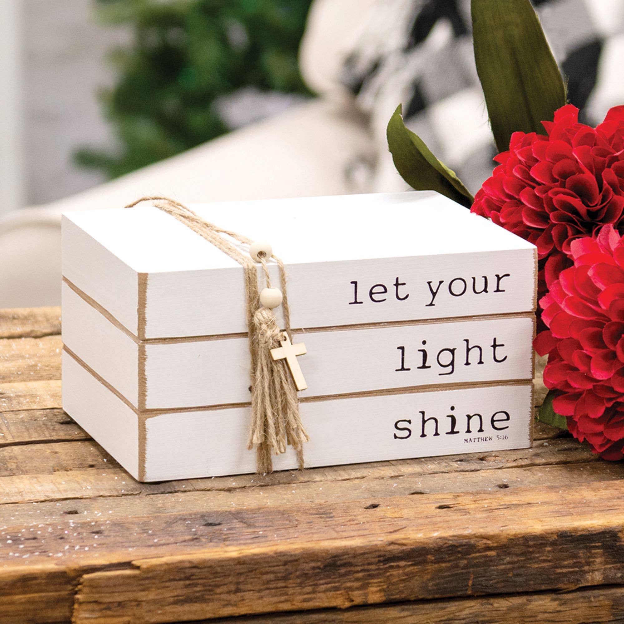 The Hearthside Collection – wholesale Decorative tabletop object – Let Your Light Shine  Wooden Book Stack2