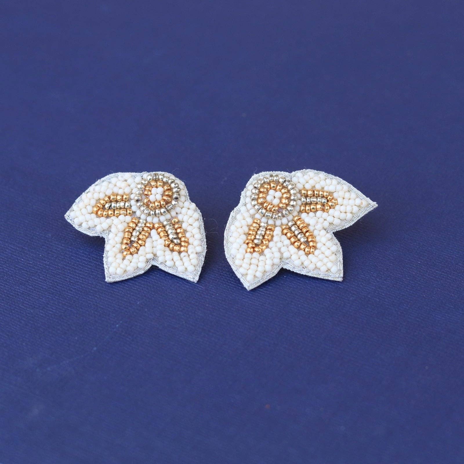 Pierce + Hide - Wholesale Stud/Post Earrings - Cream + Gold Beaded Flower Wing Earrings | Custom Petal Stud3