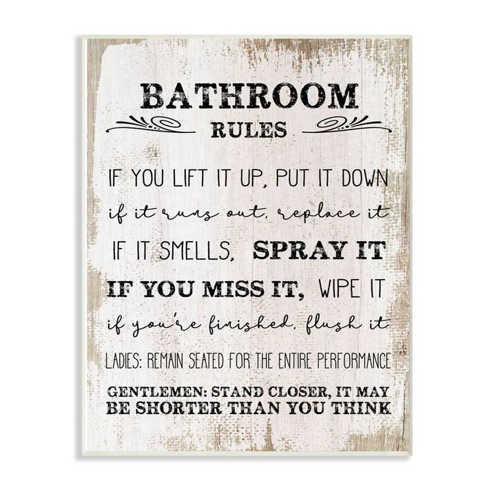 Plaque murale en bois texturé Funny Word Bathroom Rules pour la vente par Stupell Industries