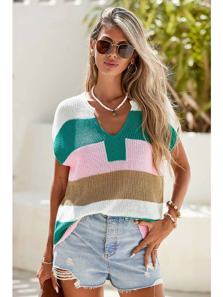 Little Daisy Closet - Wholesale Knit Sweater - Women's - LDC Color Block Notch V Neck Sweater T Shirt
