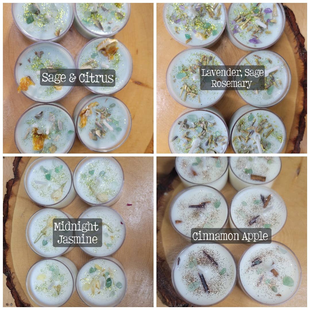 My Magic Place Shop - Wholesale Tea Light Candles - Soy Candles 6 Pack  with Herbs and Crystals1