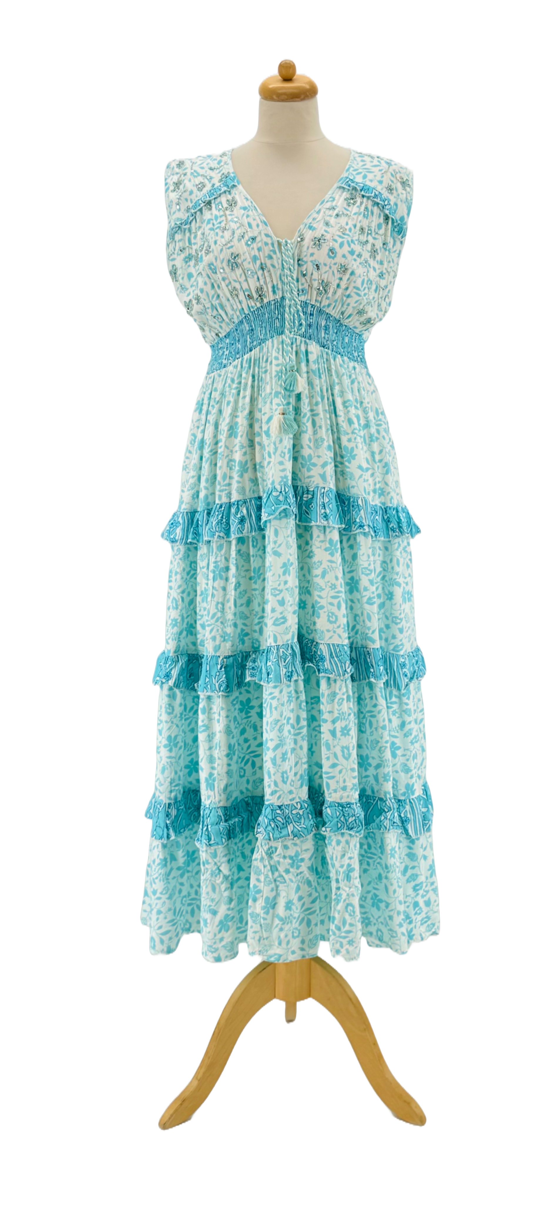  KHAKI TURQUOISE PINK  LONG BOHO WRAP DRESS WITH FLORAL PRINT AND RUFFLES for wholesale on Faire4