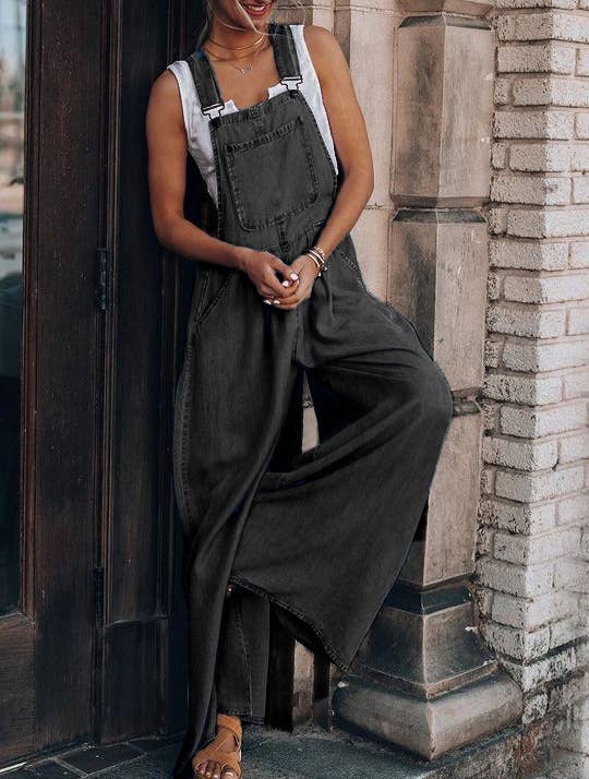 HIDDENBRAND - Wholesale Overalls - Women's - Loose overalls Big Pockets Hem Denim Wide Leg  Jumpsuit1
