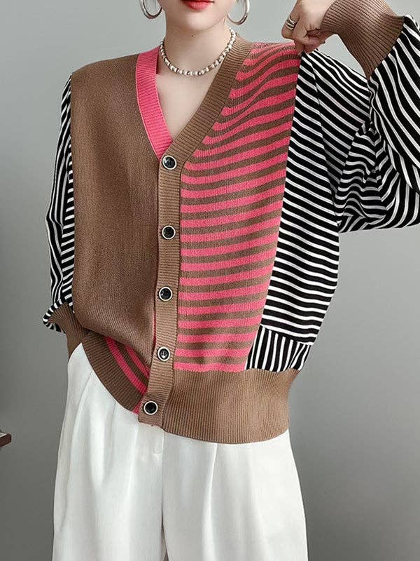 StyleGalX - Wholesale Cardigan - Women's - Long Sleeves Loose Buttoned Contrast Color Split-Joint Striped V-Neck Cardigan Tops Knitwear3