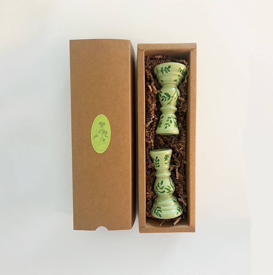 Sweet Pea And Whimsy - Wholesale Candle Holder - Pair of Sage Green Charming Hand-Painted Candle Stick Holder1