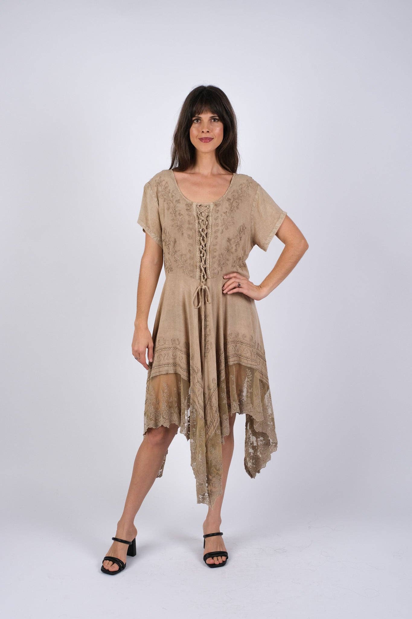 Sacred Threads - Wholesale Dress - Women's - Embroidered Artisan Camel Dress with Lace4