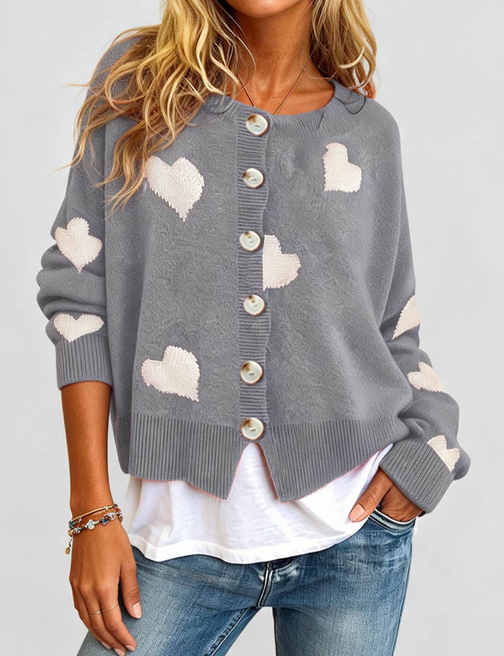 Sweetkama – Cardigan - Mulher por atacado – Cardigan feminino com coração e botões, gola redonda, modelo 236814