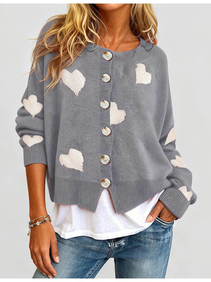 Sweetkama – Cardigan - Mulher por atacado – Cardigan feminino com coração e botões, gola redonda, modelo 236814