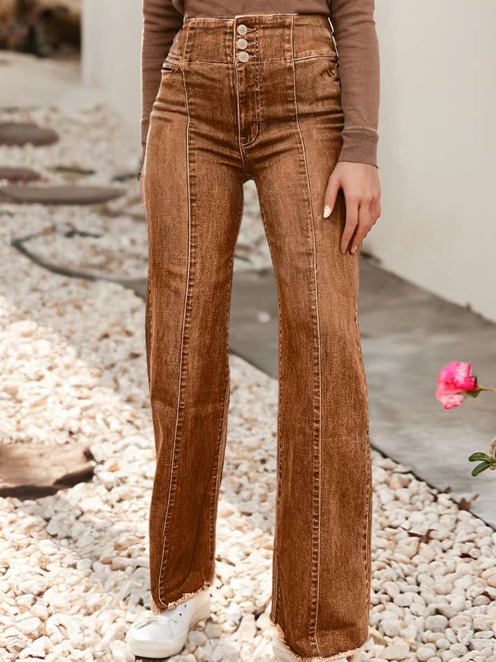 LDC High Waist Button Fly Seamed Raw Hem Flare Jeans for wholesale by Little Daisy Closet