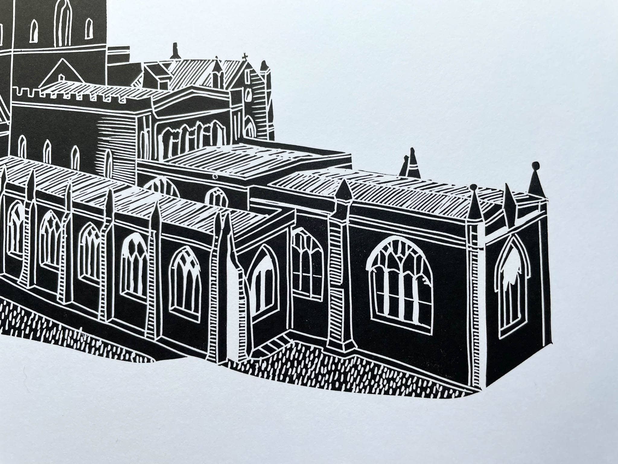Georgina Doodles - Wholesale Art Print - St Davids Cathedral A4 Lino Print | Welsh Church Art Linocut1