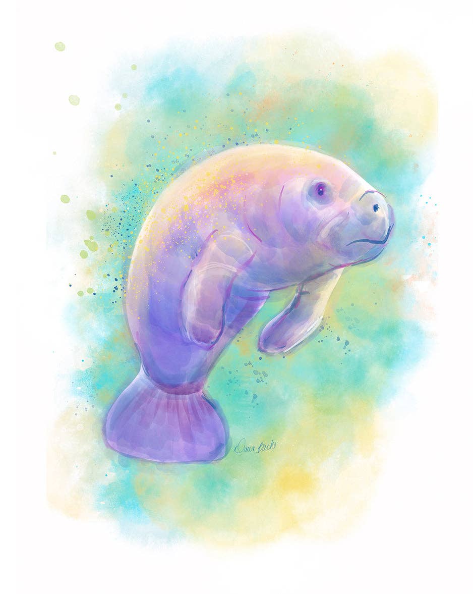Dawn of Designs - Wholesale Art Print - Watercolor Manatee Art Print1