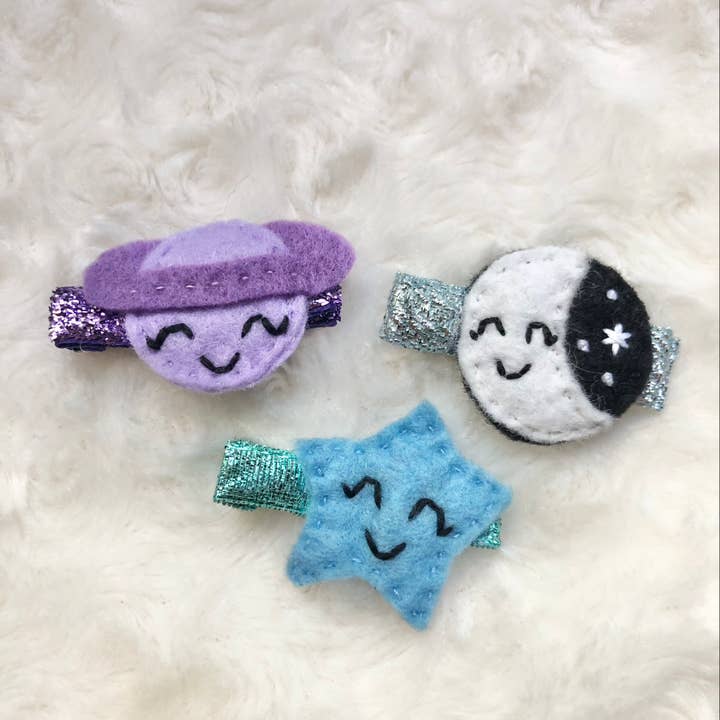 Celestial Clips- Planet, Star, Crescent Moon for wholesale by Charley & Ruth Designs