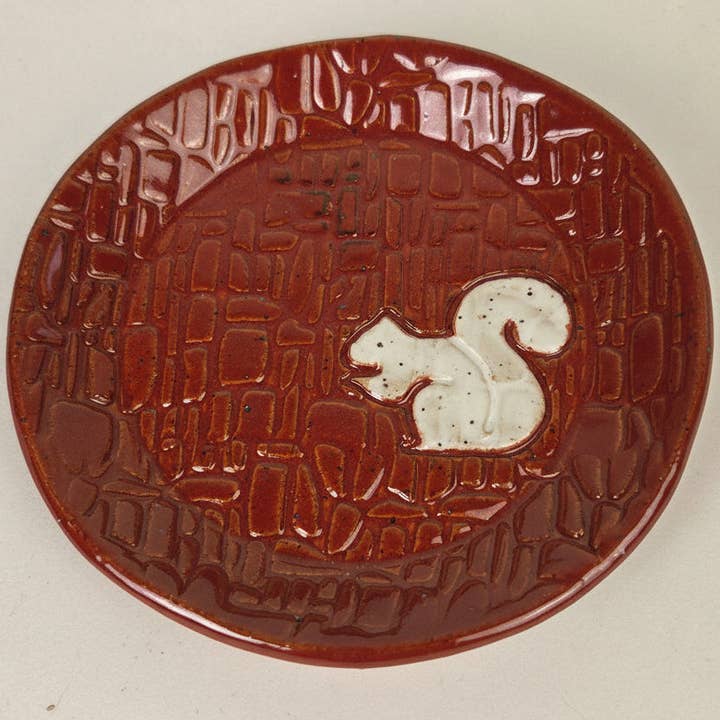 White Squirrel on Cinnamon Round Stoneware Trinket Dish for wholesale by White Squirrel Clayworks