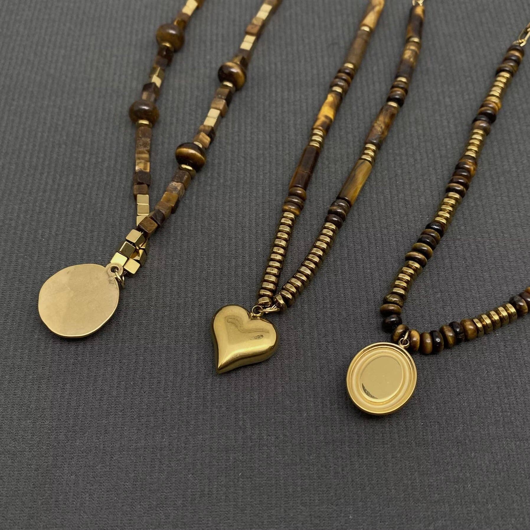Mio Queena - Wholesale Pendant/Charm Necklace - 18K Golden S.Steel Tiger's Eye Stone Beaded Necklace - FGS/CS7