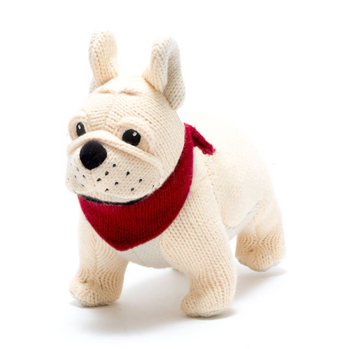 Bulldog knuffelbeer in gebreide crèmekleurige stof met halsband voor wholesale door Best Years Ltd
