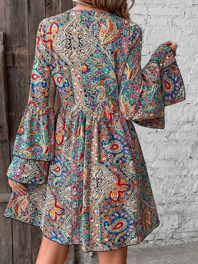 Multi Floral Printed Flare Sleeves V Neck Dress for wholesale on Faire