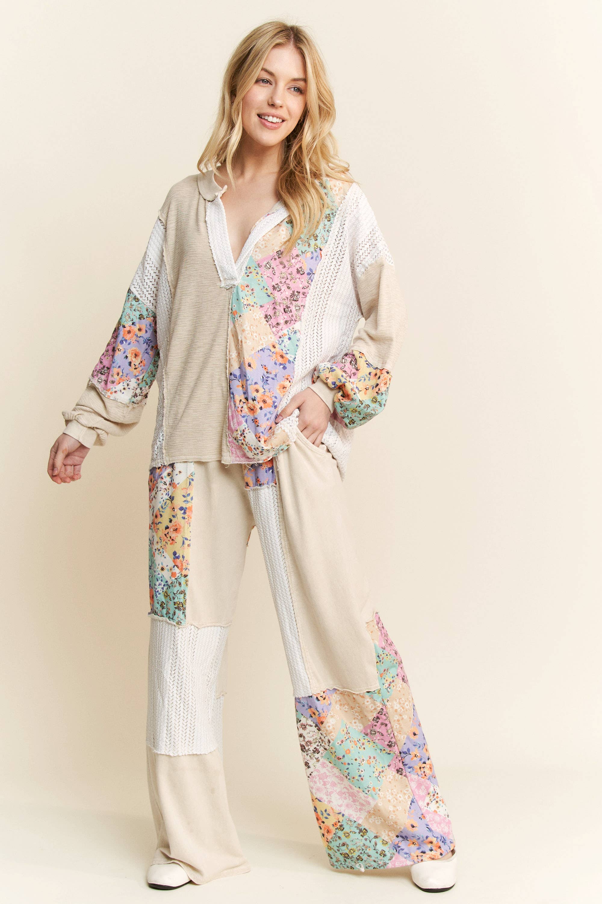 J.Her - Wholesale Pants - Women's - Mineral Washed Floral WaveKnit Jacquard Boho Pants HP61063