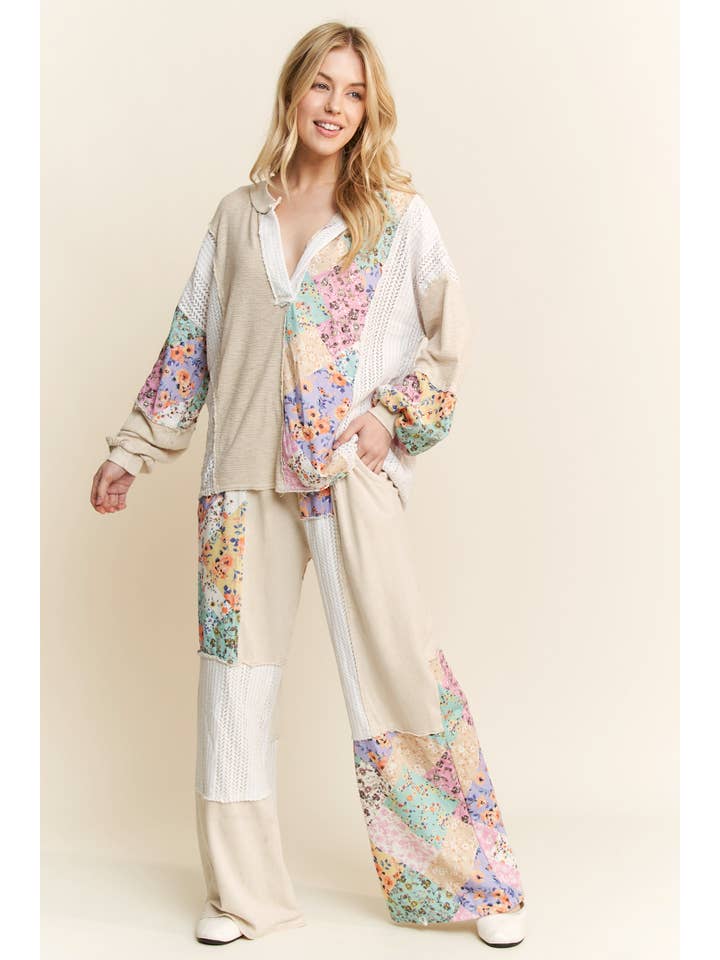 J.Her - Wholesale Pants - Women's - Mineral Washed Floral WaveKnit Jacquard Boho Pants HP61063