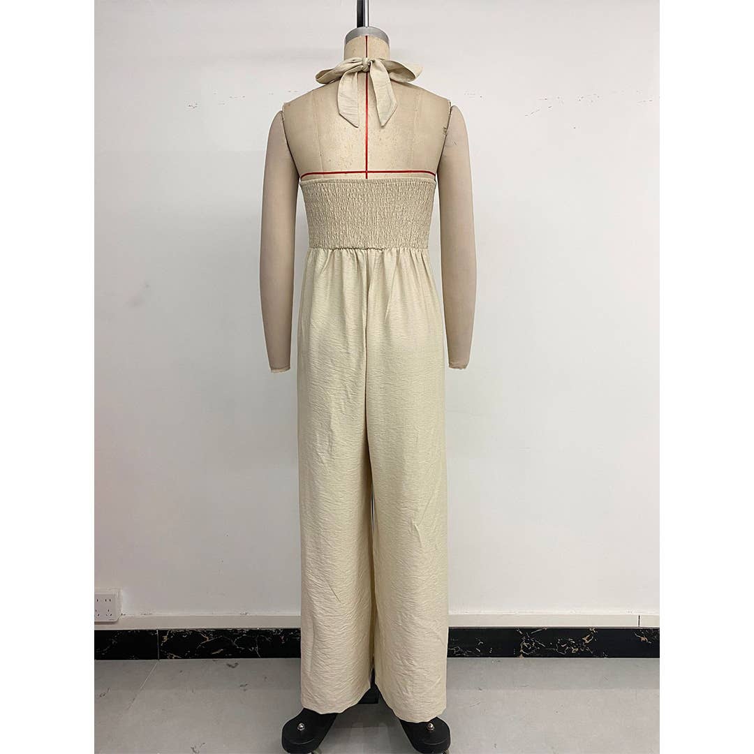 Caqui Mono casual de pierna ancha, adelgazante, con cuello halter y diseño sólido BFZY1438 de venta al por mayor en Faire6