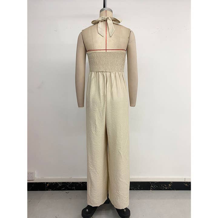 Caqui Mono casual de pierna ancha, adelgazante, con cuello halter y diseño sólido BFZY1438 de venta al por mayor en Faire6
