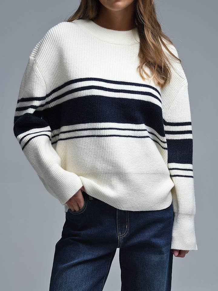 Ribbed Cream Sweater With Navy Chest Stripes for wholesale on Faire3