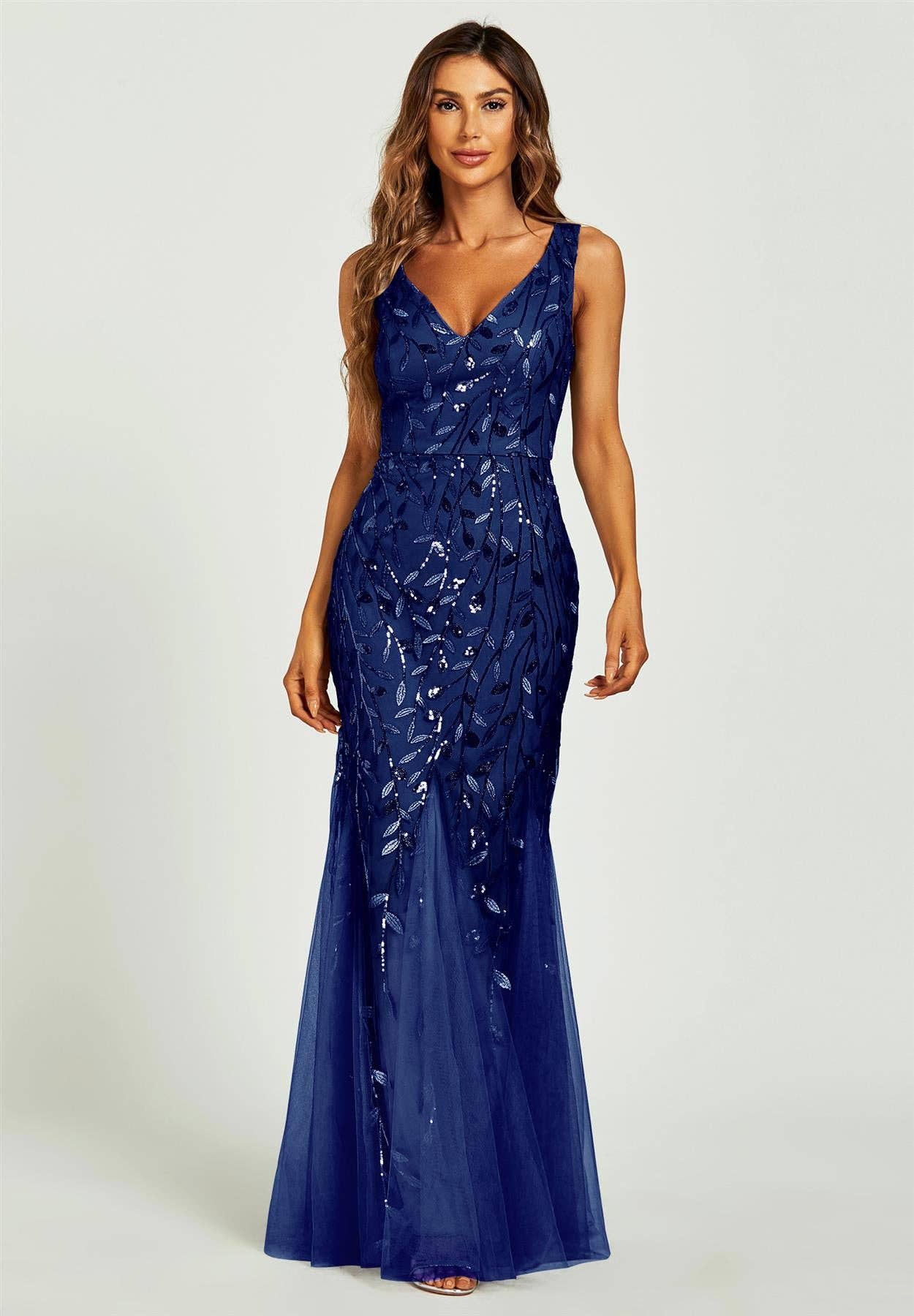 Sequin Leaf Detailed V Neck Bridesmaid Maxi Dress In Navy for wholesale on Faire0